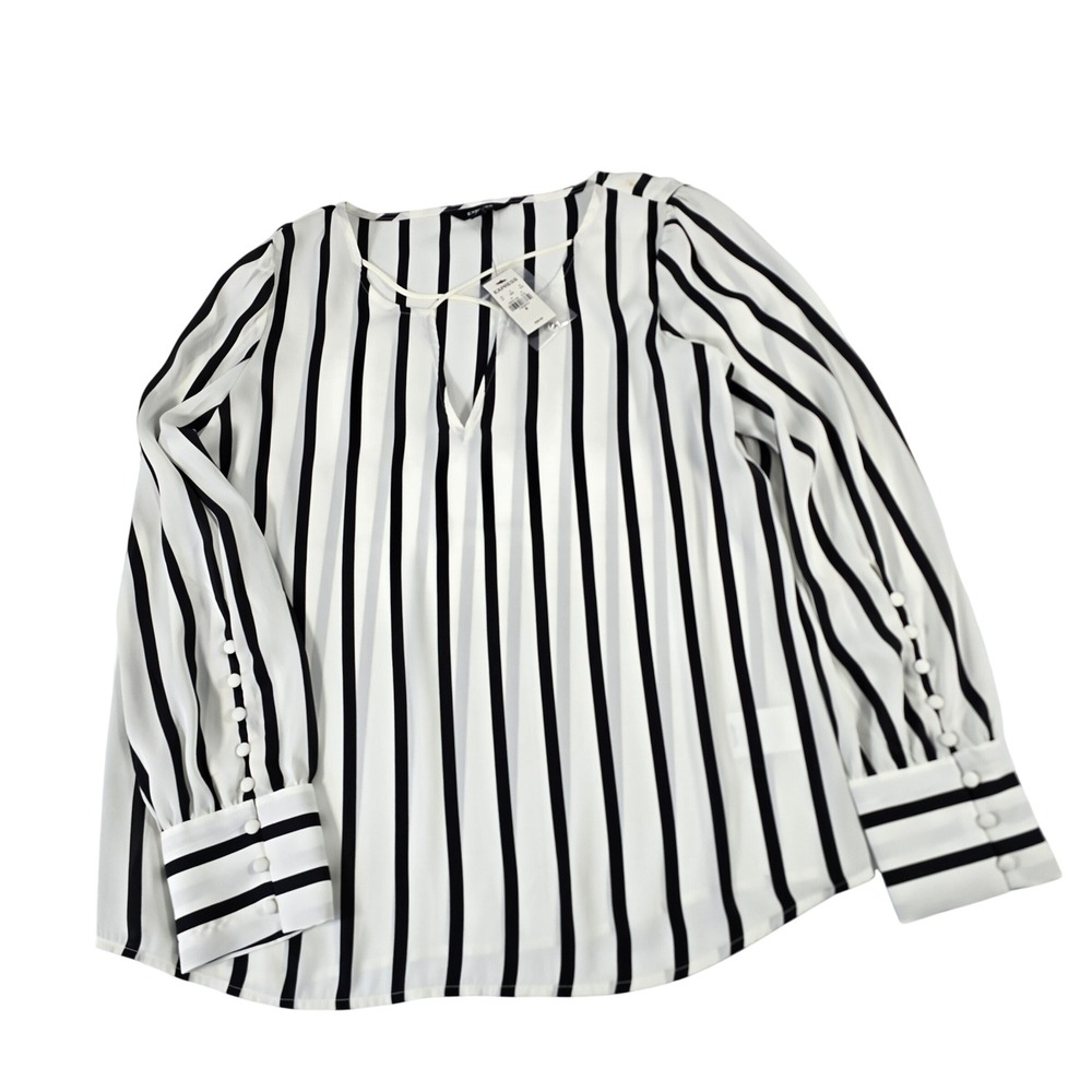 Express‎ Womens Black White Vertical Stripe V-Neck Long Sleeve Blouse Size M NWT